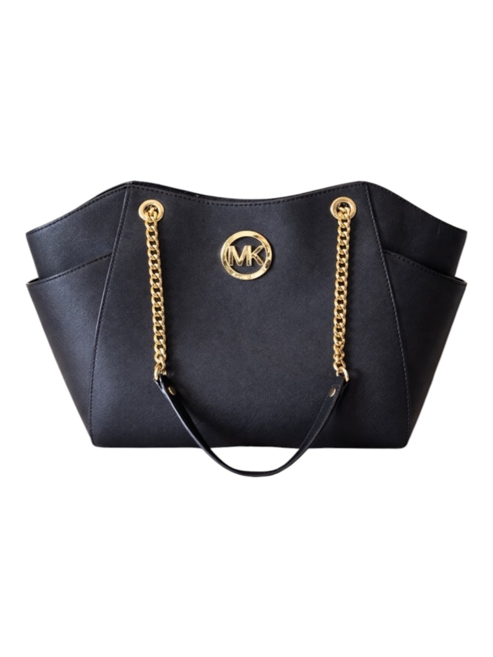 Michael Kors Jet Set Black Saffiano Leather Chain Tote Shoulder Bag Gold MK